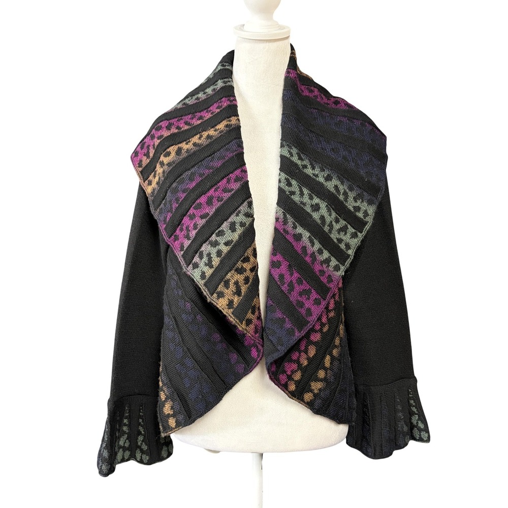 Angel by Sabri Ozel Womenss M Black Leopard Jacquard Open Front Waterfall Cardig
